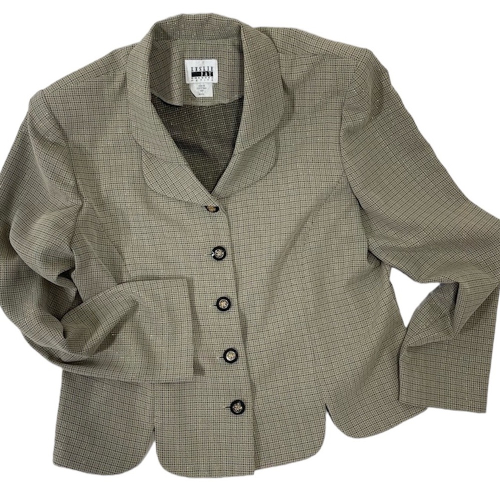 Vintage Leslie Faye Jacket Layer Fall Winter Metallic Gold Sparkle Plaid 80s 16P